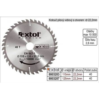 EXTOL PREMIUM pilový kotouč s SK plátky, 250x2,2x30mm, 40T, šířka SK plátků 3,2mm