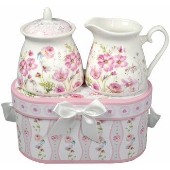 Home Elements Porcelánová cukřenka a mlékovka Růžové květiny 230 ml