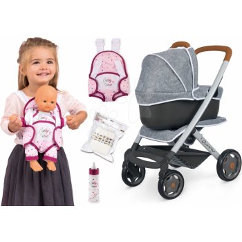 Smoby Set hluboký a sportovní DeLuxe Pastel Maxi Cosi&Quinny Grey 3v1 a ergonomický nosič s pamperskami a lahvička s mlékem Baby Nurse