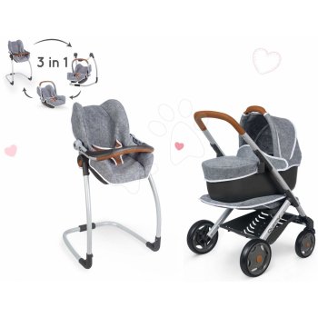 Smoby Set hluboký a sportovní DeLuxe Pastel Maxi Cosi&Quinny Grey 3v1 a židlička autosedačka a houpačka