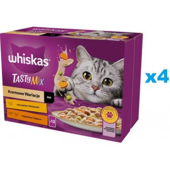 WHISKAS Adult Krémové varianty v omáčce s kuřecím masem a zeleninou jehněčím masem a krůtím masem 48 x 85 g